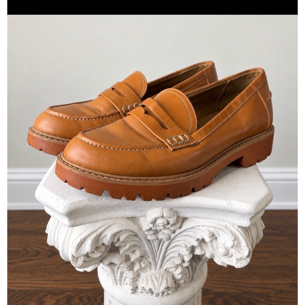 Cognac Tan Leather Lug Sole Penny Loafers Lugged Platform Slip On Shoes 7.5